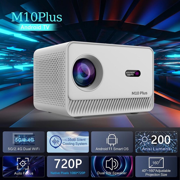 M10 Plus 1280x720P Projector 2.4G / 5G WIFI Bluetooth 5.2 Android 11 System Home Cinema EU Plug