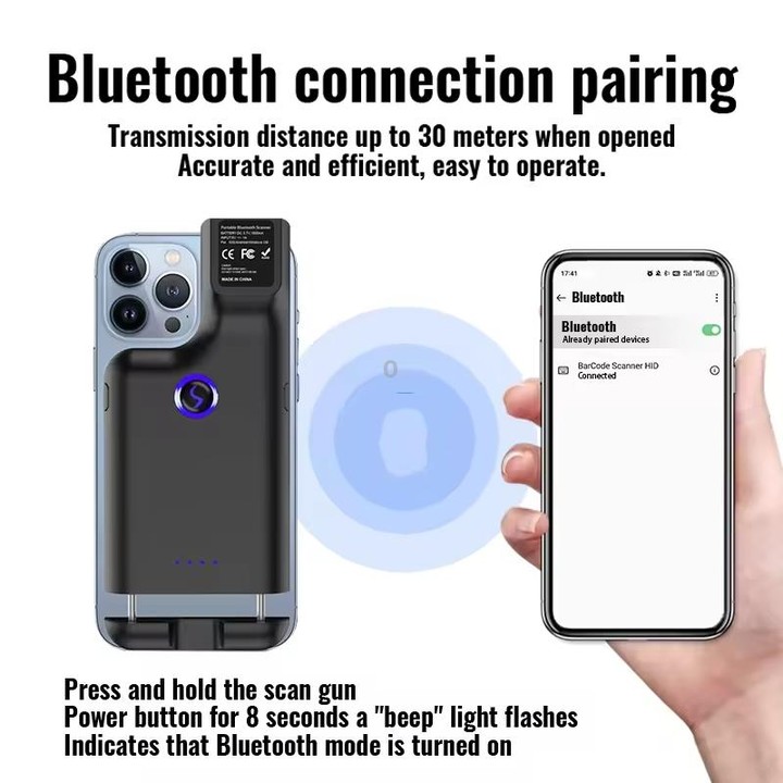 1D Bluetooth Barcode Scanner Wireless Back Clip Phone Barcode Reader