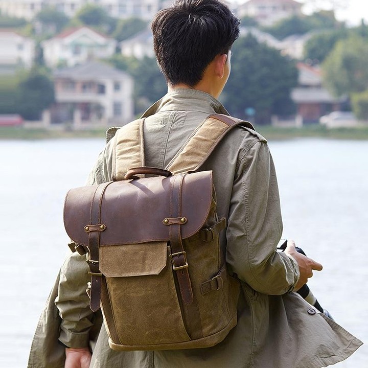 Vintage Camera Bag Waterproof Canvas Backpack with Laptop Compartment Tripod Holder(Dark Gray)
