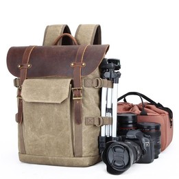 Vintage Camera Bag Waterproof Canvas Backpack with Laptop Compartment Tripod Holder(Army Green)