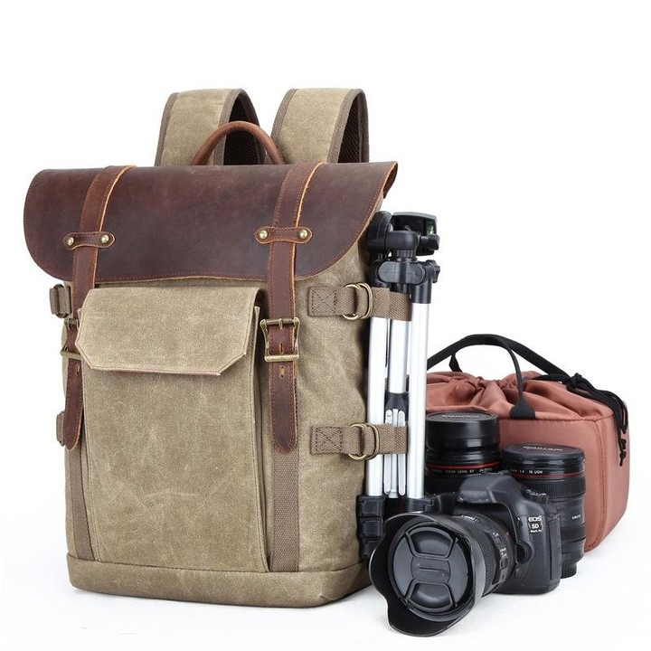 Vintage Camera Bag Waterproof Canvas Backpack with Laptop Compartment Tripod Holder(Army Green)