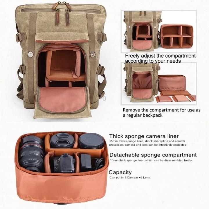 Vintage Camera Bag Waterproof Canvas Backpack with Laptop Compartment Tripod Holder(Army Green)