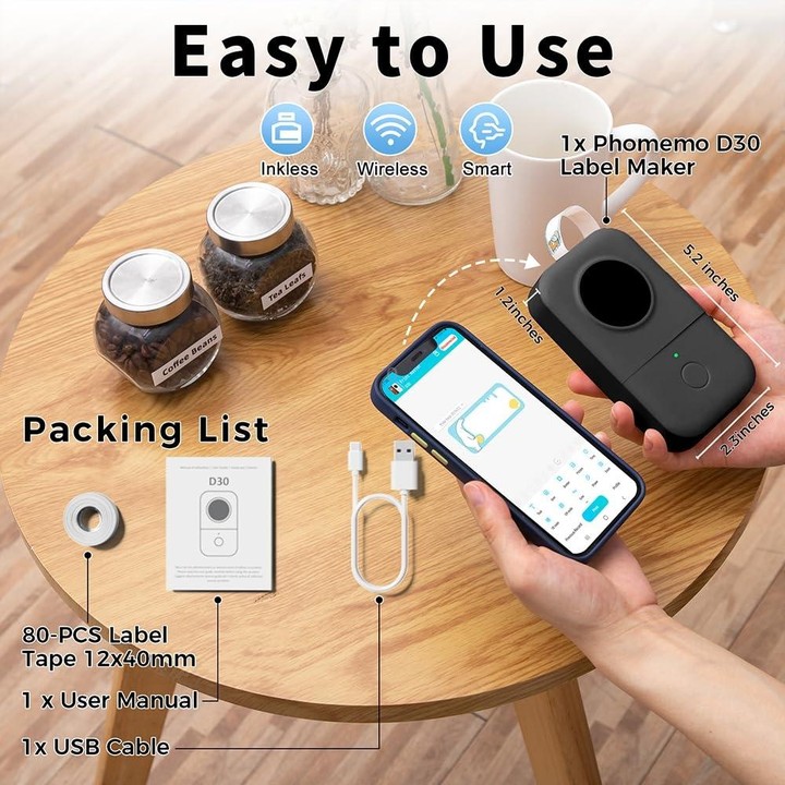 Phomemo D30 Thermal Label Printer Portable Bluetooth Mini Label Maker Machine With 1 Roll Paper White