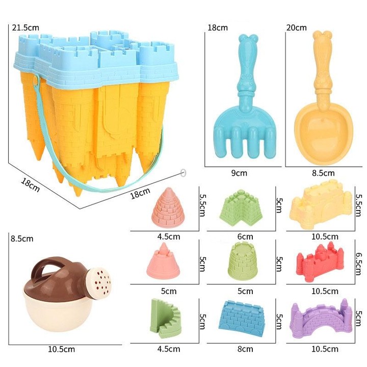 13pcs /Set Outdoor Castle Beach Toy Bucket Child Play House Cartoon Play Sand Dredging Tool(Yellow)