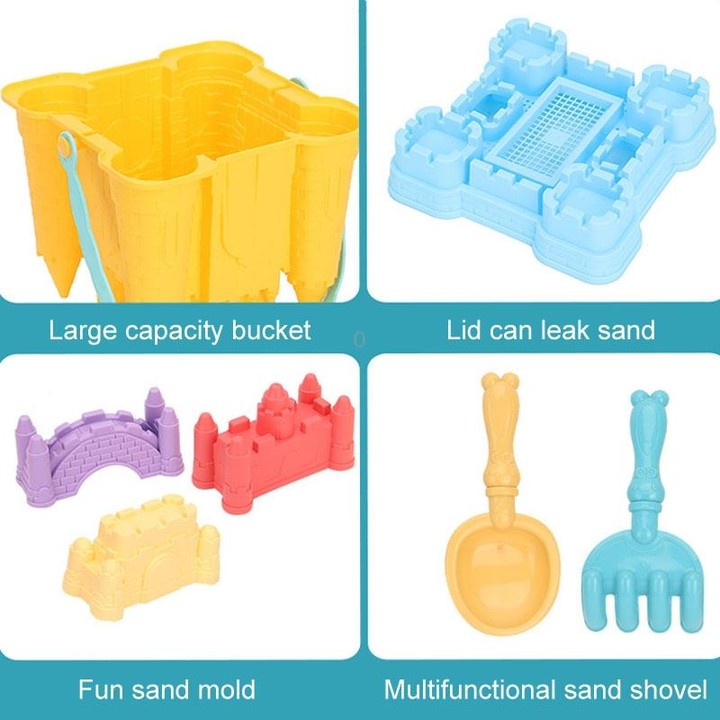 13pcs /Set Outdoor Castle Beach Toy Bucket Child Play House Cartoon Play Sand Dredging Tool(Yellow)