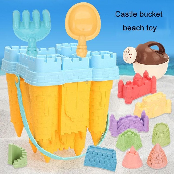 13pcs /Set Outdoor Castle Beach Toy Bucket Child Play House Cartoon Play Sand Dredging Tool(Yellow)