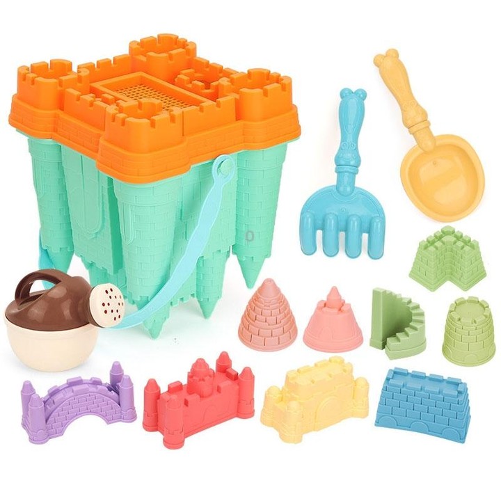 13pcs /Set Outdoor Castle Beach Toy Bucket Child Play House Cartoon Play Sand Dredging Tool(Green)