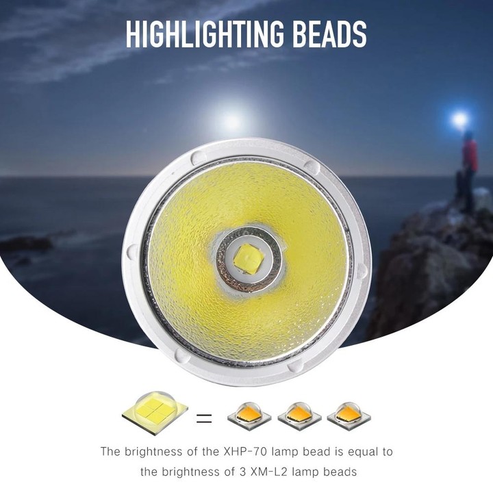 XHP70.2 Diving Flashlight 3000 Lumens IPX8 Waterproof Underwater 80m 2500mAh x 2 White Light