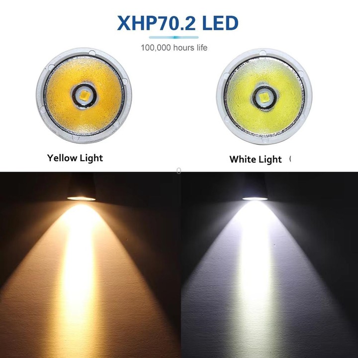 XHP70.2 Diving Flashlight 3000 Lumens IPX8 Waterproof Underwater 80m 5000mAh x 2 Yellow Light