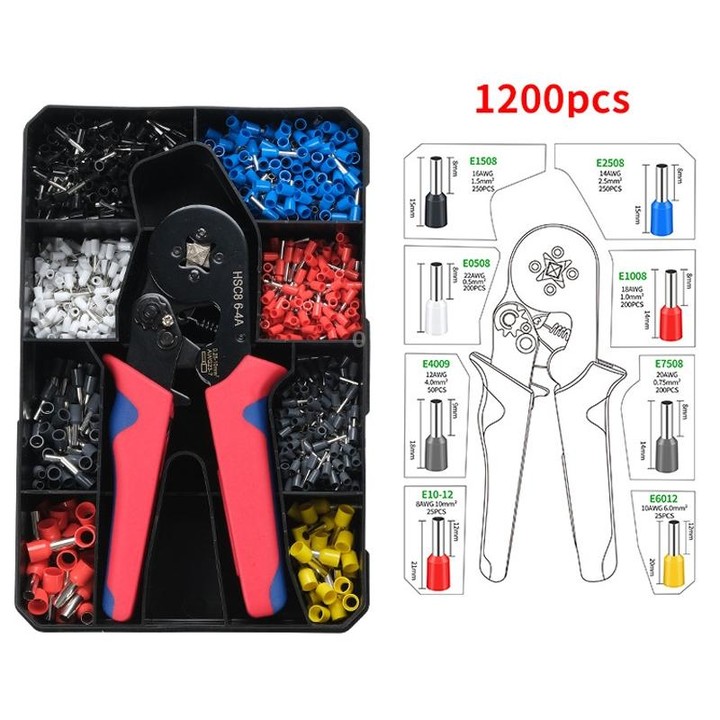 1200pcs /Set Tube-Type Cold-Pressed Terminal Block Crimping Pliers Plastic Box Set