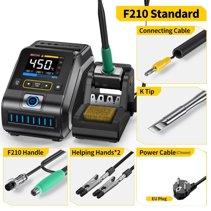 FNIRSI 200W Intelligent Constant Temperature Electric Soldering Iron Station, Set: EU Plug F210 K Head