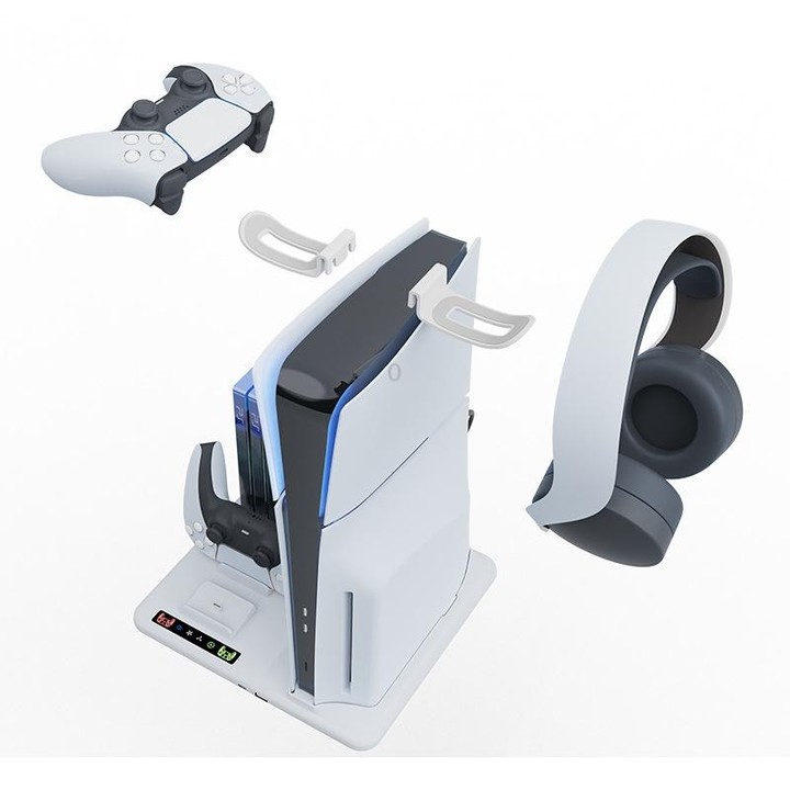 For PS5 Slim iplay Multifunctional Cooling Stand with Dual Controller Charging Station Headset Holder and 6 Game Card Storage