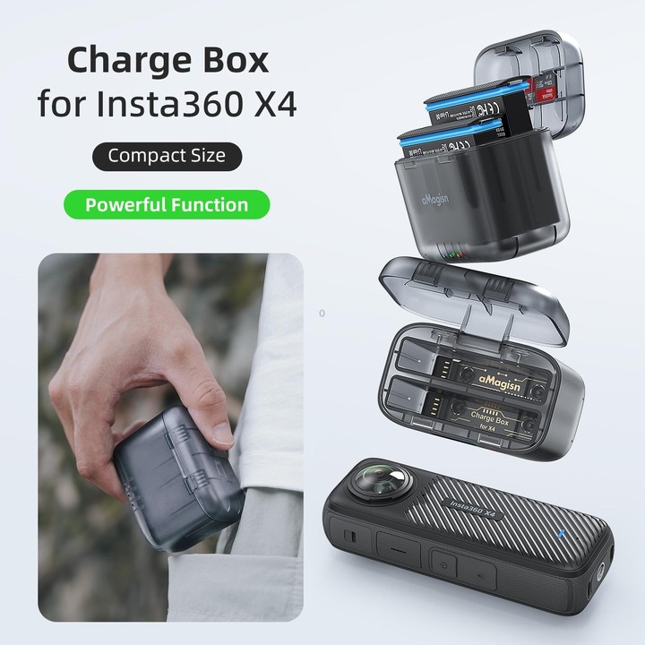 For Insta360 X4 AMagisn Dual Battery Charging Box Transparent Battery Storage Compartment