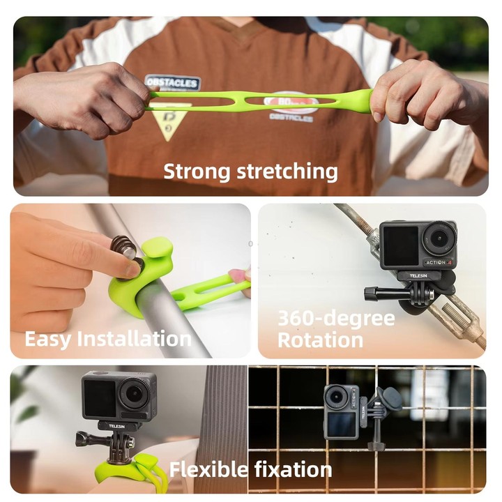 TELESIN Action Camera Mount Silicone Adjustable Mini Flexible Bracket For GoPro HERO / Insta360 / DJI Action Camera(Black)