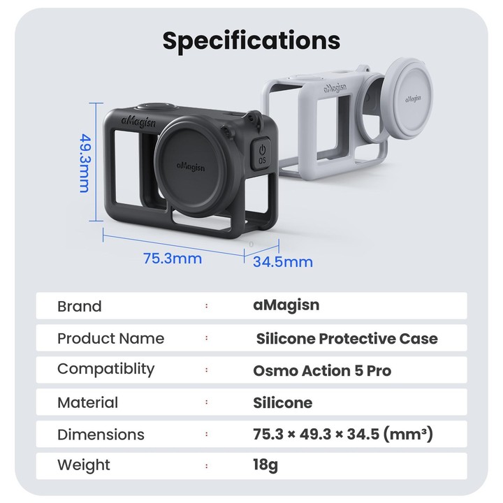 For DJI Osmo Action 5 Pro aMagisn Silicone Protective Case with Lanyard and Lens Cap(Black)