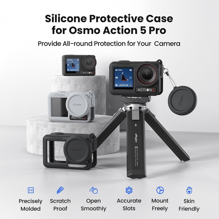 For DJI Osmo Action 5 Pro aMagisn Silicone Protective Case with Lanyard and Lens Cap(Light Gray)