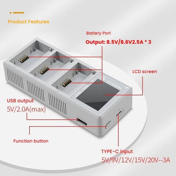 For DJI Mini 4 Pro / Mini 3 Pro / Mini 3 YX Color Screen 3-Way Charger Battery Manager With 65W US Plug