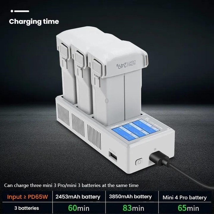 For DJI Mini 4 Pro / Mini 3 Pro / Mini 3 YX Color Screen 3-Way Charger Battery Manager With 65W US Plug