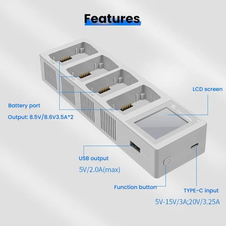 For DJI Mini 4 Pro / Mini 3 Pro / Mini 3 YX Four-Way Color Screen Charger Battery Manager(Light Gray)