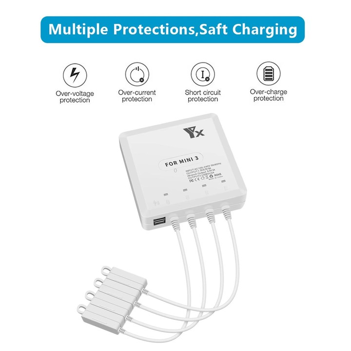 For DJI Mini 4 Pro / Mini 3 Pro / Mini 3 Drone YX 4-way Charger Battery Butler UK Plug