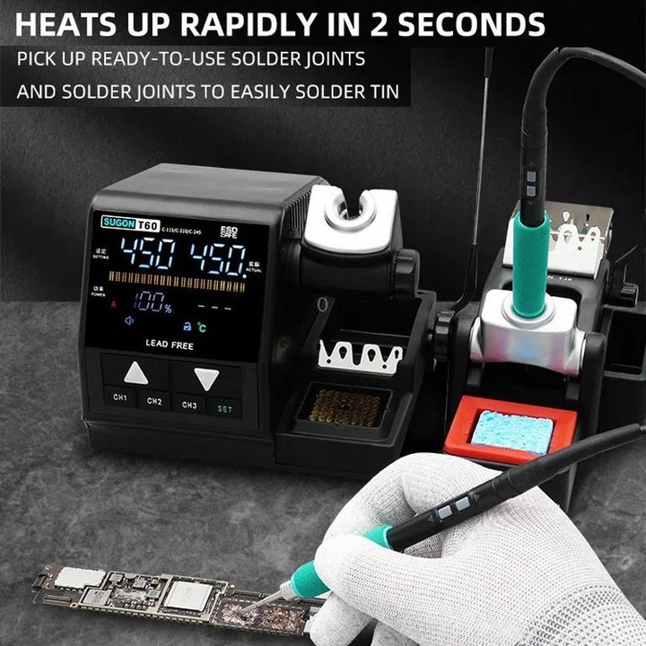 SUGON T60+TJ8+210/115 Handle+I/K/IS Tips x 6 Precision Soldering Station Soldering Iron Set Cell Phone Repair Soldering Tool(US