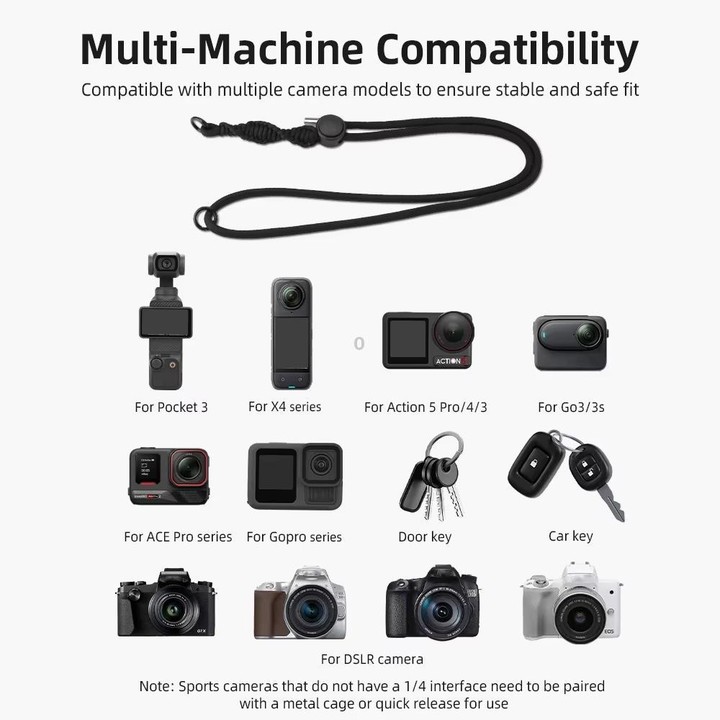 BRDRC Sport Camera Lanyard With 1/4 Inch Screw Anti-Lost Crossbody Lanyard(Black Rope Gray Knot)