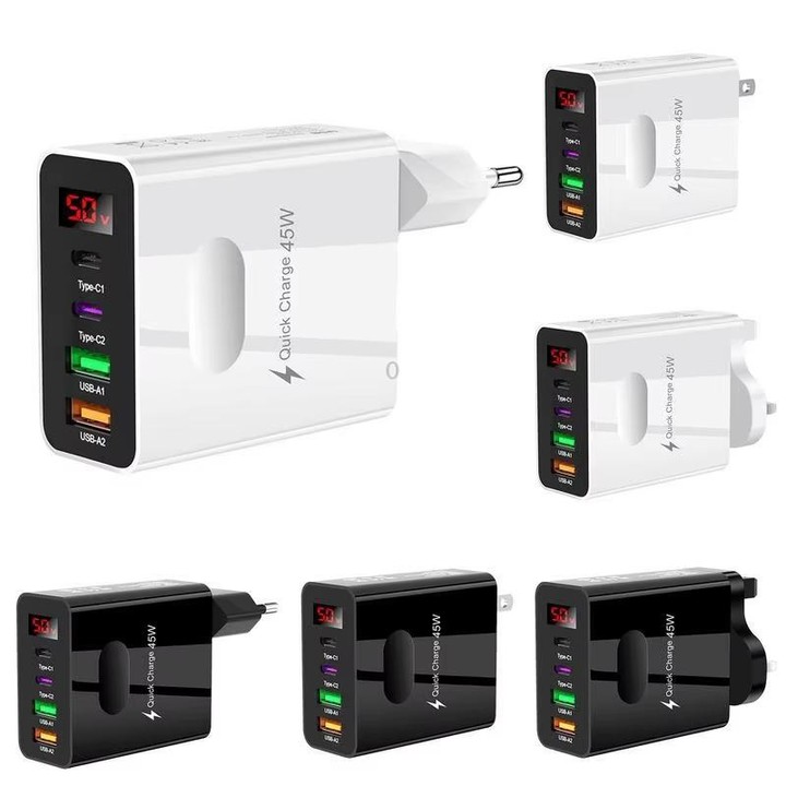 2 USB+2 Type-C Digital Display Mobile Phone Multi-port Charger, Color: US Plug Black