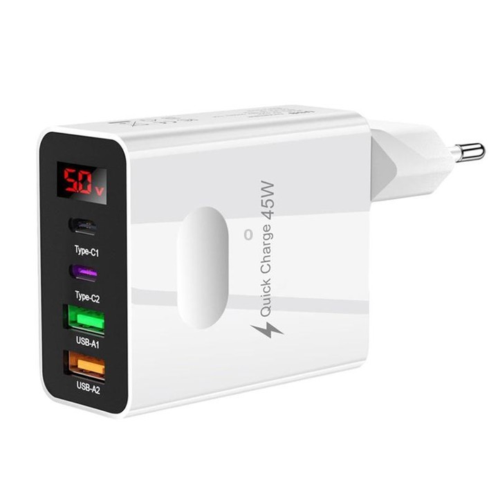 2 USB+2 Type-C Digital Display Mobile Phone Multi-port Charger, Color: EU Plug White