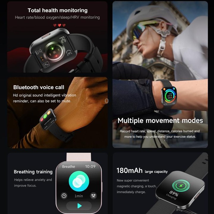 QS08 1.85 Inch Full-Screen Smart Watch with Real-Time Heart Rate/Blood Glucose/Blood Oxygen Monitor, SOS Alert, Sleep Tracking(B