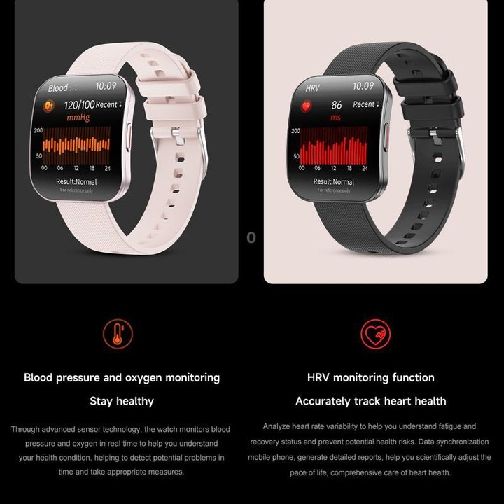 QS08 1.85 Inch Full-Screen Smart Watch with Real-Time Heart Rate/Blood Glucose/Blood Oxygen Monitor, SOS Alert, Sleep Tracking(B