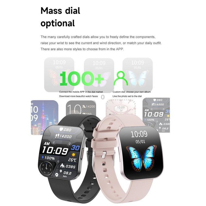 QS08 1.85 Inch Full-Screen Smart Watch with Real-Time Heart Rate/Blood Glucose/Blood Oxygen Monitor, SOS Alert, Sleep Tracking(P