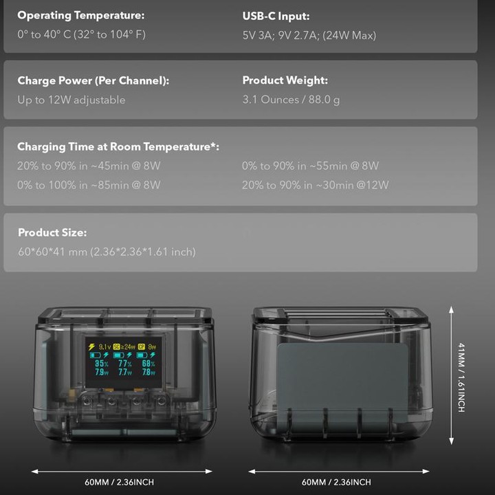 For GoPro HERO13 Black Super Fast Charger Dock Battery Charging Station With OLED Screen Display(Transparent Black)