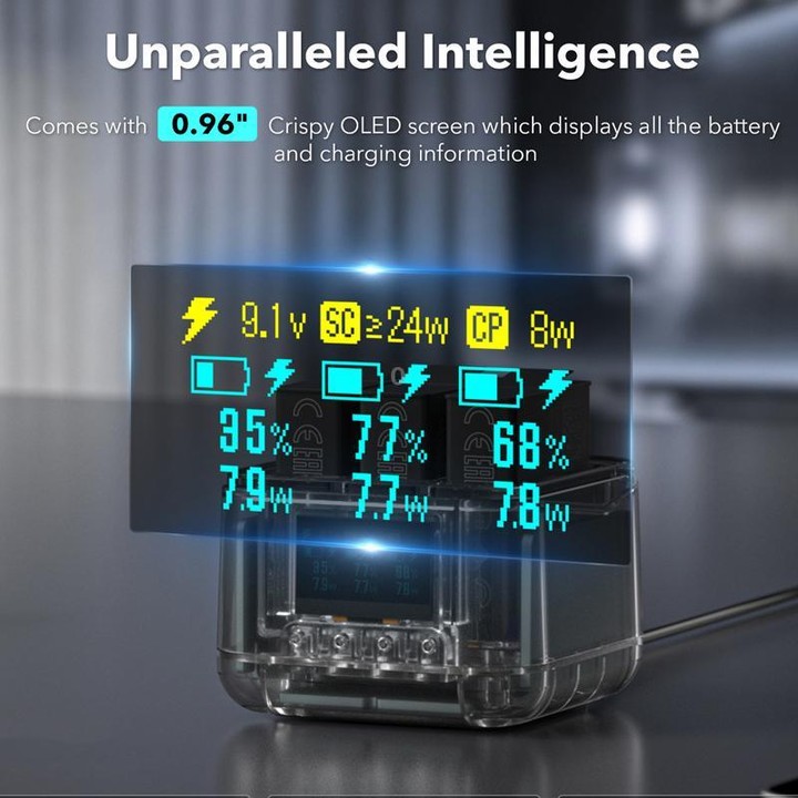 For GoPro HERO13 Black Super Fast Charger Dock Battery Charging Station With OLED Screen Display(Transparent Black)