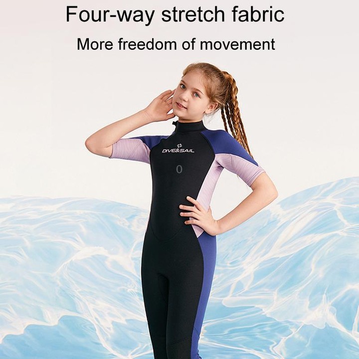 DIVE & SAIL 2.5MM Kids Short Sleeve One Piece Warm Wetsuit Youth Snorkeling Surf Trousers, Size: 10(Purple)