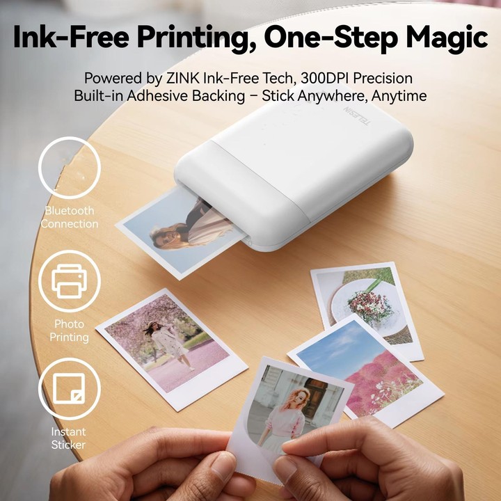 TELESIN Portable Instant Photo Printer With Magnetic Bag & Self-Adhesive Photo Paper For Travel & Memories(White)