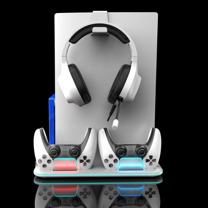 For PS5 Slim / Pro Multi-functional Cooling Stand with Controller Charging Station & Game Disc Storage Holder(White)