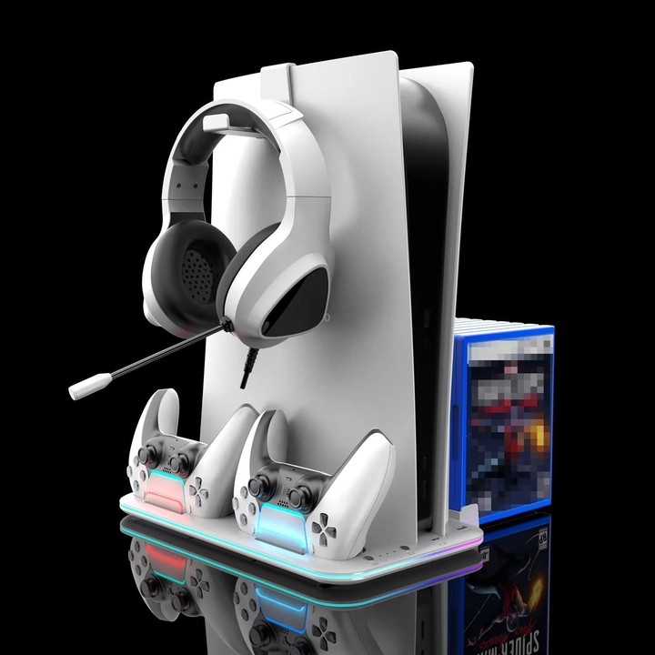 For PS5 Slim / Pro Multi-functional Cooling Stand with Controller Charging Station & Game Disc Storage Holder(White)