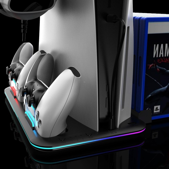 For PS5 Slim / Pro Multi-functional Cooling Stand with Controller Charging Station & Game Disc Storage Holder(Black)
