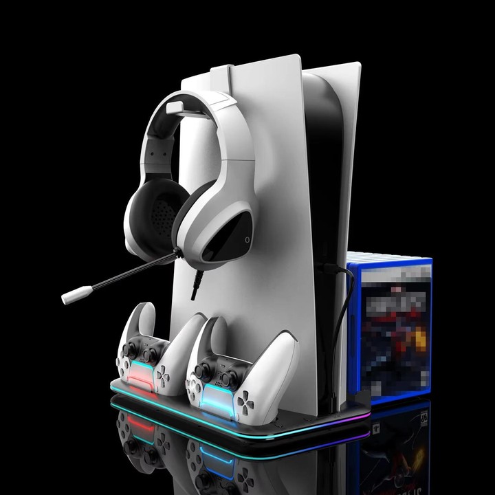 For PS5 Slim / Pro Multi-functional Cooling Stand with Controller Charging Station & Game Disc Storage Holder(Black)