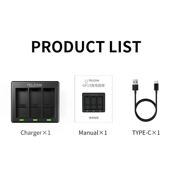 For GoPro HERO13 Black TELESIN 3 Slots Charging Base Action Camera Accessories(Black)
