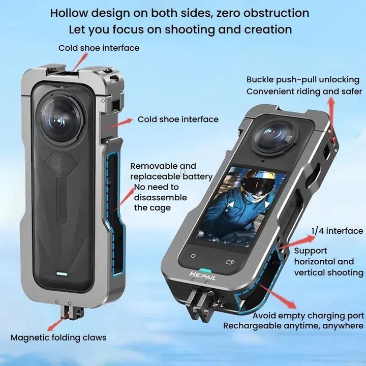 For Insta360 X5 HEPAIL AC-81 Metal Rabbit Cage Extended Protective Frame