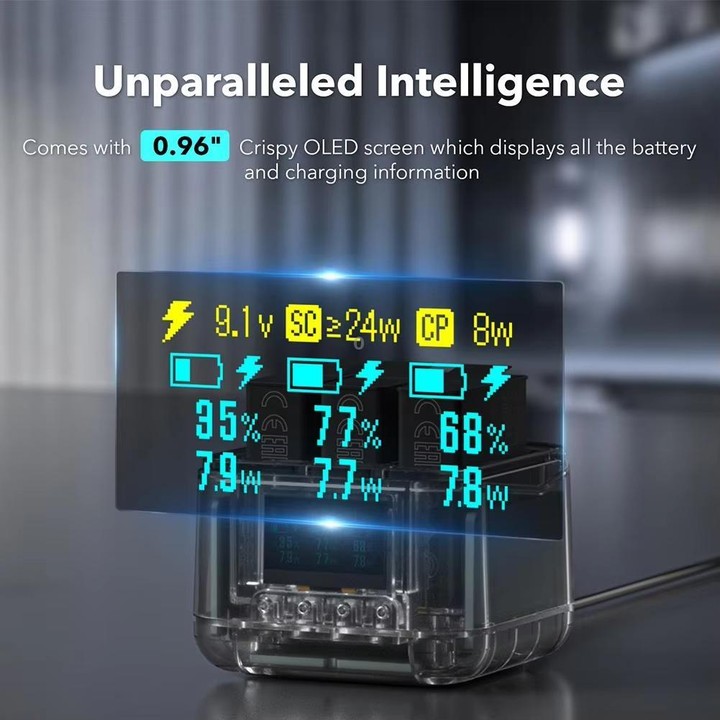For GoPro HERO13 Black Triple Battery Charger Smart Charging Dock With OLED Display(Transparent Black)