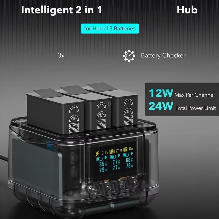 For GoPro HERO13 Black Triple Battery Charger Smart Charging Dock With OLED Display(Transparent Black)