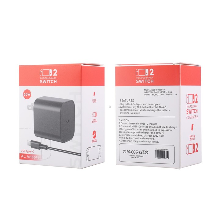For Nintendo Switch 2 Fast Charger 60W Power Adapter Wall Plug With USB-C Cable US Plug