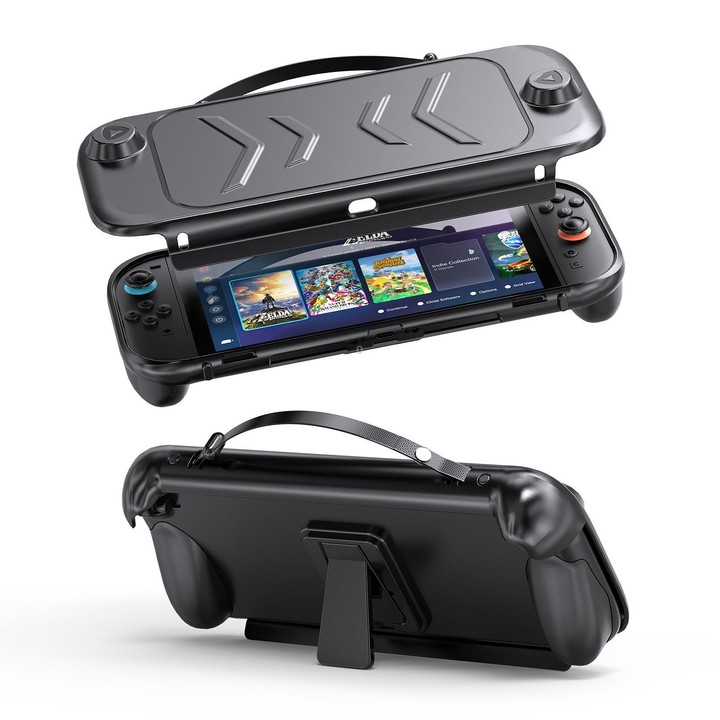 For Nintendo Switch 2 Full-Body Protective Case TPU Base + ABS Cover with Built-in Stand & Carrying Handle(Black)