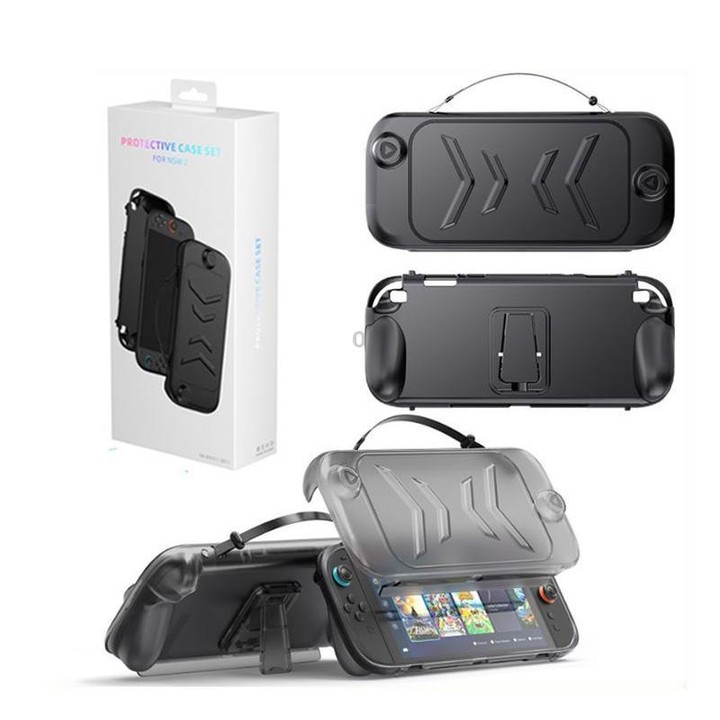 For Nintendo Switch 2 Full-Body Protective Case TPU Base + ABS Cover with Built-in Stand & Carrying Handle(Transparent Black)