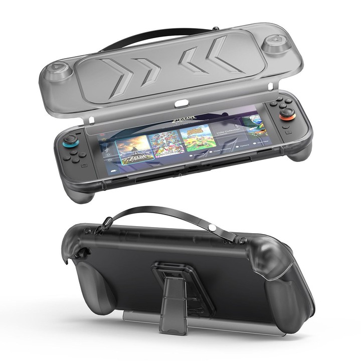 For Nintendo Switch 2 Full-Body Protective Case TPU Base + ABS Cover with Built-in Stand & Carrying Handle(Transparent Black)