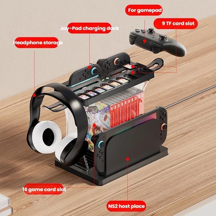 For Nintendo Switch 2 Joy-Con Multi-Functional Holder Charging Station with RGB Lights 25 Game Card Storage