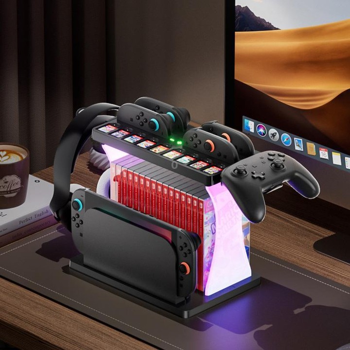 For Nintendo Switch 2 Joy-Con Multi-Functional Holder Charging Station with RGB Lights 25 Game Card Storage