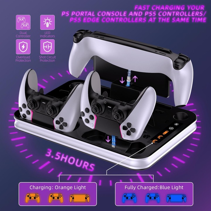 JYS Charging Display Station for PS5/PS5 Slim/PS Portal Dual Controller Dock with Cooling Fan & Headphone Hook(Black White)